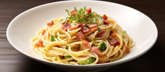 Canvas Print - A delicious recipe featuring al dente spaghetti with broccoli and bacon, served on a wooden table. This dish combines noodle, leaf vegetable, and produce in a classic Italian cuisine style