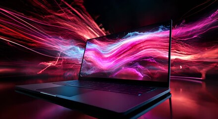 Wall Mural - High-speed laptop with red neon trails, velocity visualized