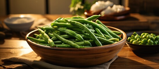 Sticker - A bowl of green beans, a staple food, sits on a wooden table. These natural foods are a nutritious ingredient commonly used in dishes in various cuisines