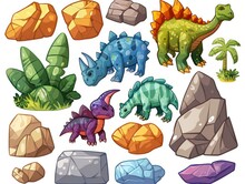 Dinosaur And Stones Cartoon On White Background