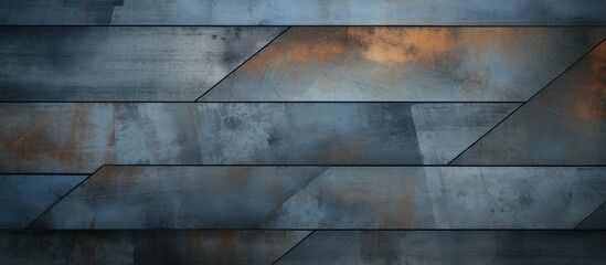 Poster - A close up of a metal wall with a geometric pattern in electric blue hues, resembling a composite material. The rectangular shapes create a mesmerizing flooring design under the glassy sky
