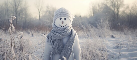 Sticker - A freezing snowman with a smile stands in a snowy field. The natural landscape is covered in white, making the fictional character happy. It wears a scarf and hat made of fur