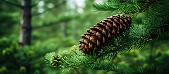 Canvas Print - A conifer cone is dangling from a branch of a pine tree, showcasing the natural beauty of this terrestrial plant in an evergreen setting