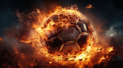 Flying football or soccer ball on fire. Isolated on black background