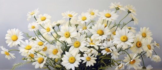 Wall Mural - An arrangement of white daisies with yellow centers, a type of flowering plant in the Daisy family, displayed in a vase on a table as a beautiful piece of natureinspired art