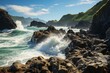 Water waves crash on rocky shore, surrounded by natural landscape