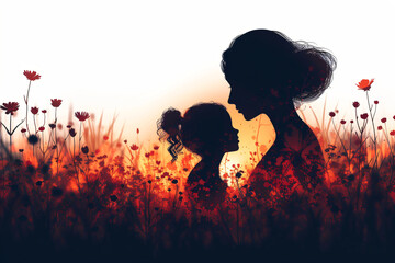 Wall Mural - Mother silhouette with her baby on spring field with flowers. Beautiful woman and her child. Greeting card or banner for Happy Mother's Day with copy space