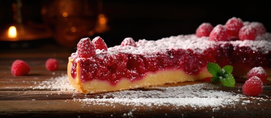 Sticker - A delectable slice of raspberry pie, a traditional baked goods dessert, topped with powdered sugar, placed on a rustic wooden table