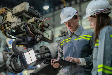 Factory engineer woman inspecting on machine with smart tablet. Worker works at machine robot arm. The welding machine with a remote system in an industrial factory. Artificial intelligence concept.