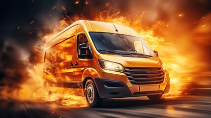 Wall Mural - White modern delivery small shipment cargo courier van engulfed in flames moving fast on motorway