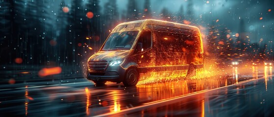 Wall Mural - White modern delivery small shipment cargo courier van engulfed in flames moving fast on motorway