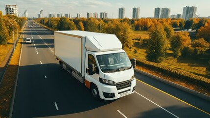 Wall Mural - White modern delivery small shipment cargo courier van moving fast on motorway road to city