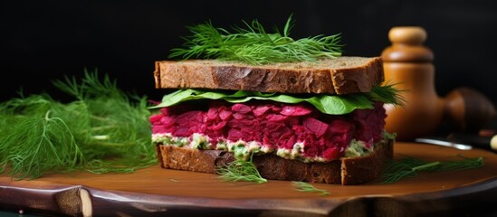 Wall Mural - A sandwich is resting on a rectangular wooden cutting board surrounded by a magenta flowerpot, a houseplant, and a grassy terrestrial plant