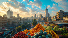 Sunset View Over A Bustling City Fruit Market With Stacks Of Colorful Fresh Produce And Urban Buildings In The Background.
