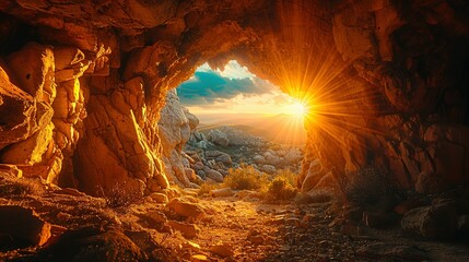 Empty tomb with stone rocky cave and light rays bursting from within. Easter resurrection of Jesus Christ. Christianity, faith, religious, Christian Easter concept