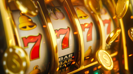 Wall Mural - A Bar Bar Bar 7 slot machine with three reels. The reels are lit up and the machine is surrounded by sparks