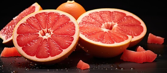 Sticker - Two grapefruits, a seedless citrus fruit rich in citric acid, are sliced in half and displayed on a table. This natural superfood is a popular ingredient in cuisine