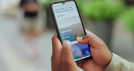 Aufkleber - Travel, phone and hands with holiday blog scroll for vacation, accommodation and booking outdoor. Tech, website and screen with research for international trip with app, info and online article