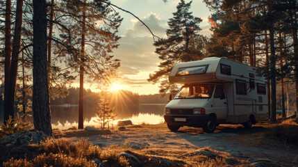 Wall Mural - A white camper van is parked by a lake at sunset. The scene is peaceful and serene, with the sun setting in the background and the water reflecting the colors of the sky