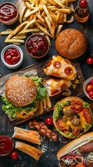 Wall Mural - Unhealthy fast food with sauces on wooden table. Top view of various fast foods on the table. 