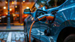 Close up electric car charging at station, electric car parked at charging station with the power cable supply plugged in. Generative AI