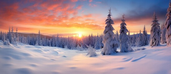 Sticker - The sun is casting a golden glow as it sets over a snowcovered forest, painting the sky with hues of orange and pink, creating a serene atmosphere in the natural landscape