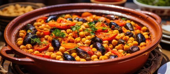 Poster - A delicious bowl of Mediterranean cuisine featuring chickpeas, olives, tomatoes, and a variety of fresh vegetables, perfect for a comforting and nourishing meal