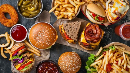 Wall Mural - Unhealthy fast food with sauces on wooden table. Top view of various fast foods on the table. 