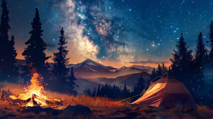 Wall Mural - A tent is set up in a field with a beautiful view of the mountains and a starry sky.