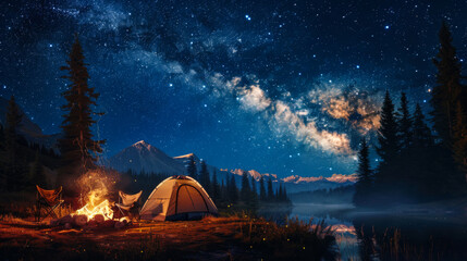 Wall Mural - A tent is set up in a field with a beautiful view of the mountains and a starry sky.