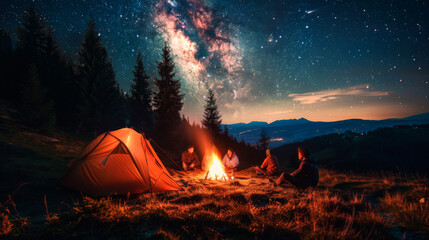 Wall Mural - A tent is set up in a field with a beautiful view of the mountains and a starry sky.
