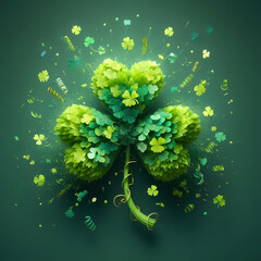 St. Patrick’s Day Shamrock  with gree confetti explosion, isolated on a  Green background, Celebrating Patrick's Day, Clover