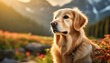 Golden retriever dog looking far with sun glaring and a beautiful nature landscape background