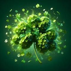 St. Patrick’s Day Shamrock  with gree confetti explosion, isolated on a  Green background, Celebrating Patrick's Day, Clover