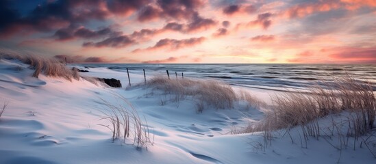 Canvas Print - A picturesque natural landscape of a snowy beach with a sunset painting the sky in vivid hues, creating a fluid and artful dusk horizon scene