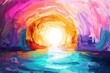 Colorful and joyful painting art of the empty tomb of Jesus. Easter or Resurrection concept. He is Risen!