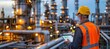 © Andrei - Senior technician operating tablet overseeing gas refinery at twilight among industrial structures