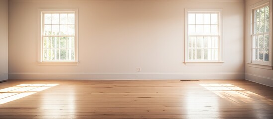 Canvas Print - Sunlight streaming through open windows onto hardwood floor in vacant room with white walls in roomy residence