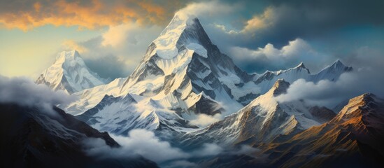 Sticker - A breathtaking natural landscape showcasing a snowcovered mountain with clouds hovering above, creating a serene and majestic scene in the sky