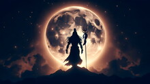 A Silhouette Of Lord Shiva With A Spear Standing In Front Of A Full Moon