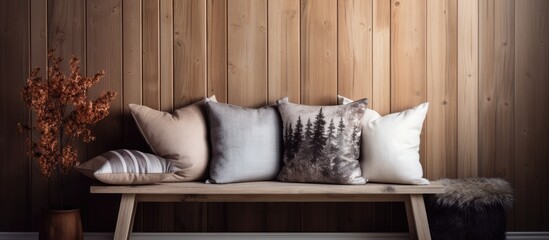 Wall Mural - A cozy wooden bench with pillows sits in front of a hardwood wall, creating a comfortable seating area in the interior design of the building