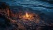 A intimate and cozy scene of friends gathered around a bonfire on a sandy beach photography, burning fire in the fireplace, fire in the fireplace, fire in the sea, tent on the beach, fire in the fores