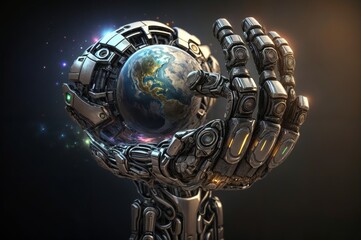 Poster - a robot hand holding the earth in front of him