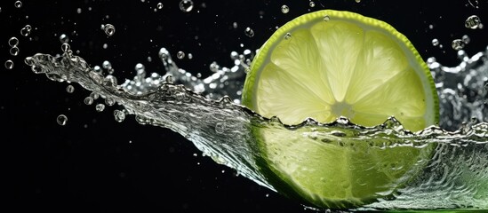 Canvas Print - A slice of citrus fruit, a lime, is being dropped into a glass of liquid, water. The refreshing taste of the fruit enhances the drink recipe