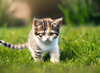 Sticker - Adorable golden kitten cat walking on the grass