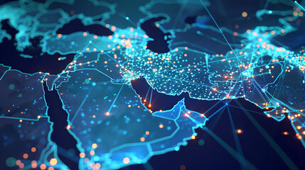 Poster - Abstract map of Saudi Arabia, Middle East and North Africa, concept of global network and connectivity, data transfer and cyber technology, information exchange and telecommunication 