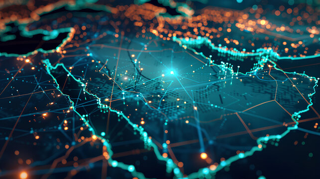 Abstract map of Saudi Arabia, Middle East and North Africa, concept of global network and connectivity, data transfer and cyber technology, information exchange and telecommunication 