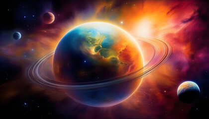 Wall Mural - A watercolor painting of a glowing, ethereal planet in space