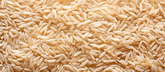 Wall Mural - Close up of a pile of Basmati rice, an essential ingredient in Indian cuisine. The grains form a beautiful pattern resembling grass on a furry plant
