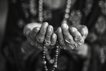 Wall Mural - Soulful prayer: a man in quiet devotion, hands clasped around a rosary cross, seeking solace and spiritual connection, capturing the essence of serene contemplation, faith, and religious devotion.